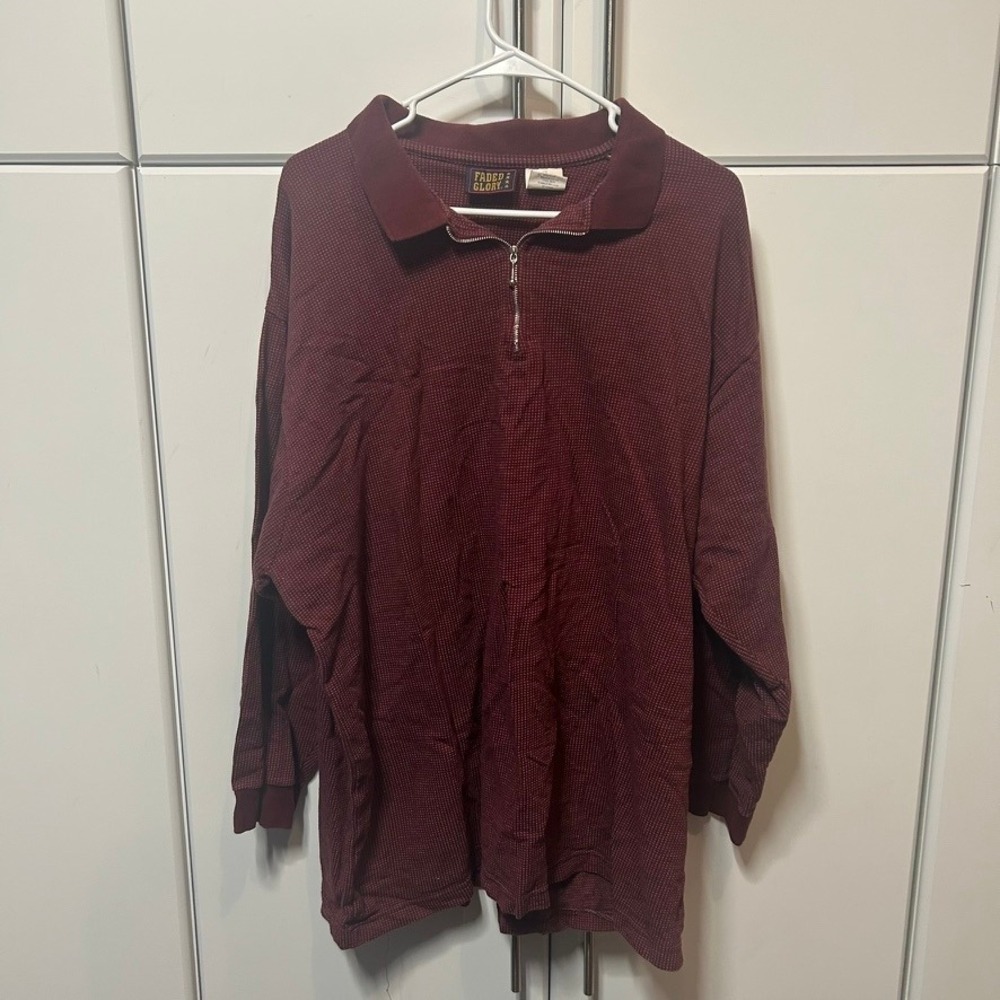 Vintage Faded Glory Mens 2XL Burgundy Waffle Knit Quarter Zip Long Sleeve Polo